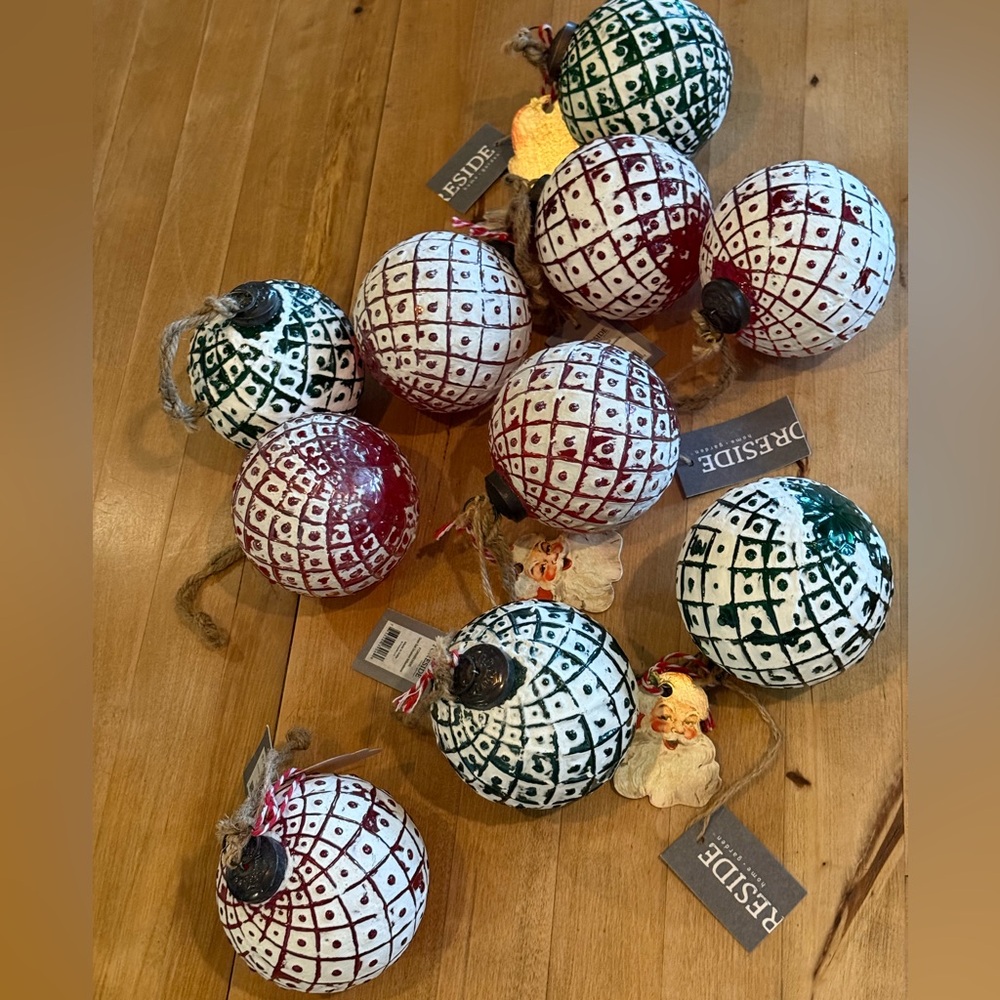 A set of 10 Festive Red and Green Holiday Glass Ornaments. 6 red, 4 green. New!
